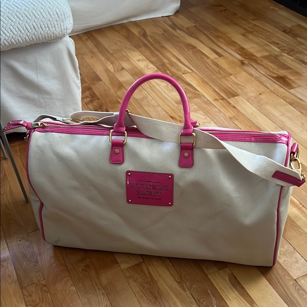 Victoria's Secret Cream and Pink Travel Bag with Leather Accents